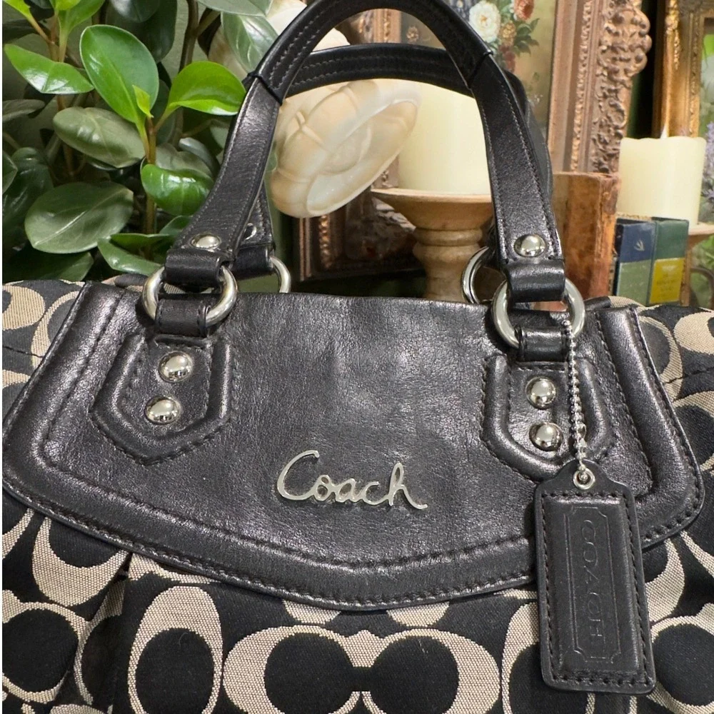 Coach Ashley Signature Satchel Black Grey Jacquard Leather Handbag F19244